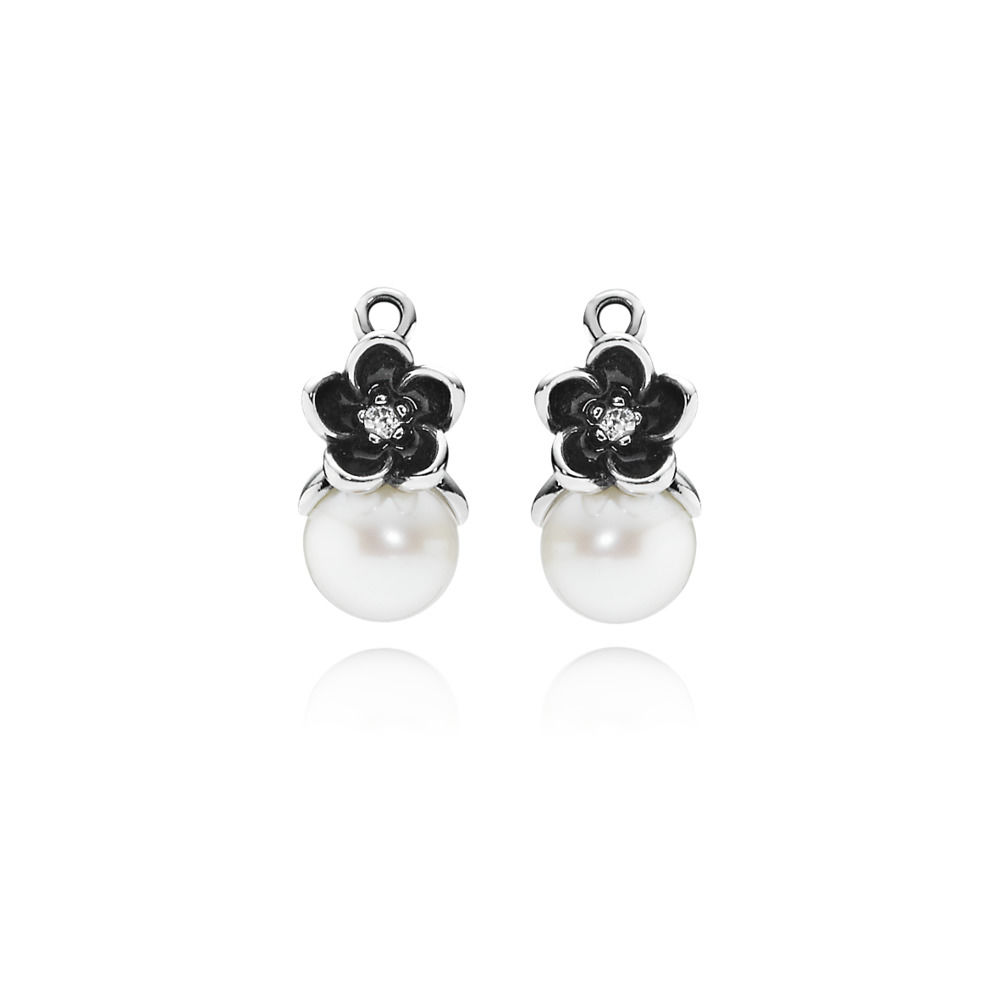 PANDORA Floral Silver Pendant Earrings With White Freshwater Cultured Pearls, Cubic Zirconia And Black Enamel - 290684P