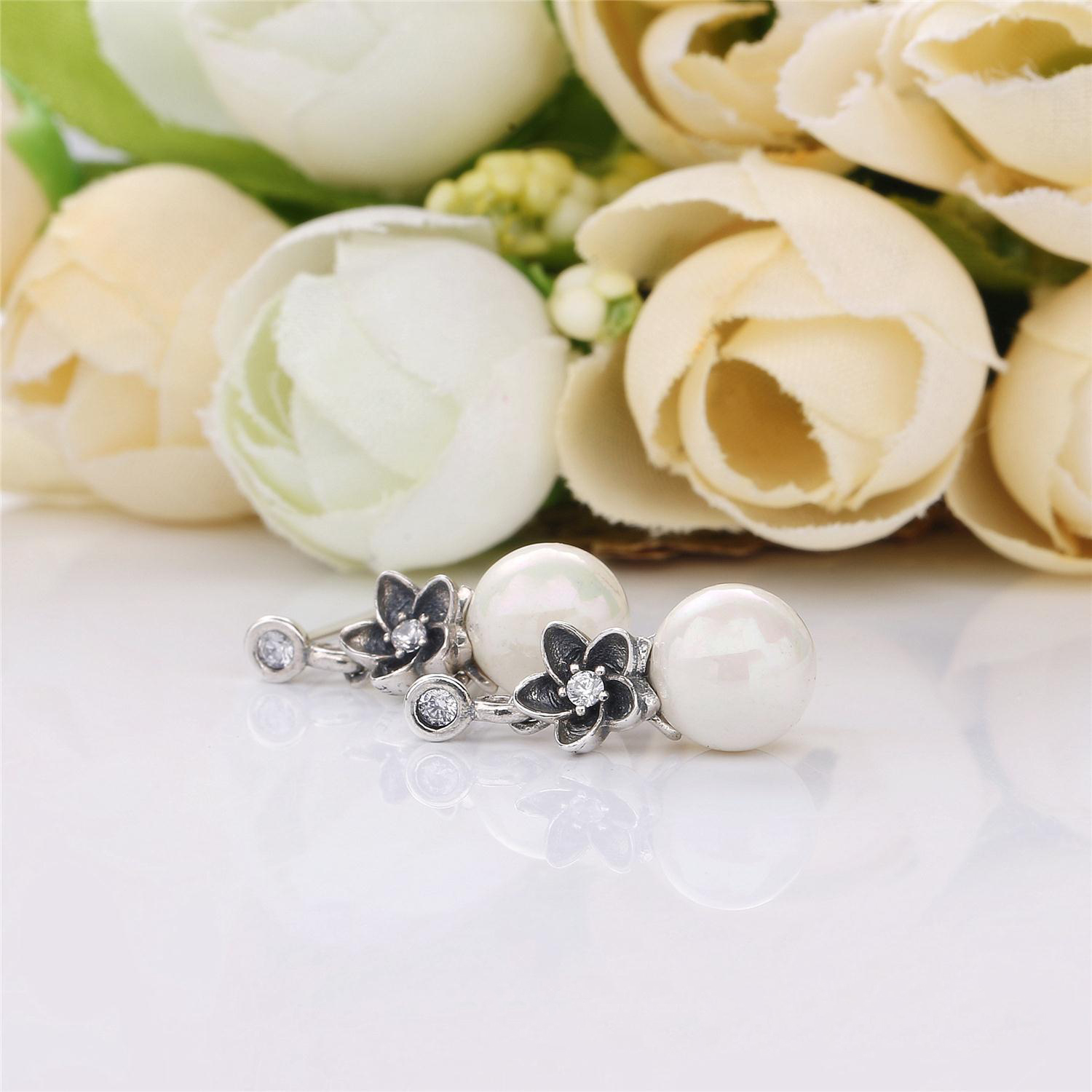 PANDORA Floral Silver Pendant Earrings With White Freshwater Cultured Pearls, Cubic Zirconia And Black Enamel - 290684P