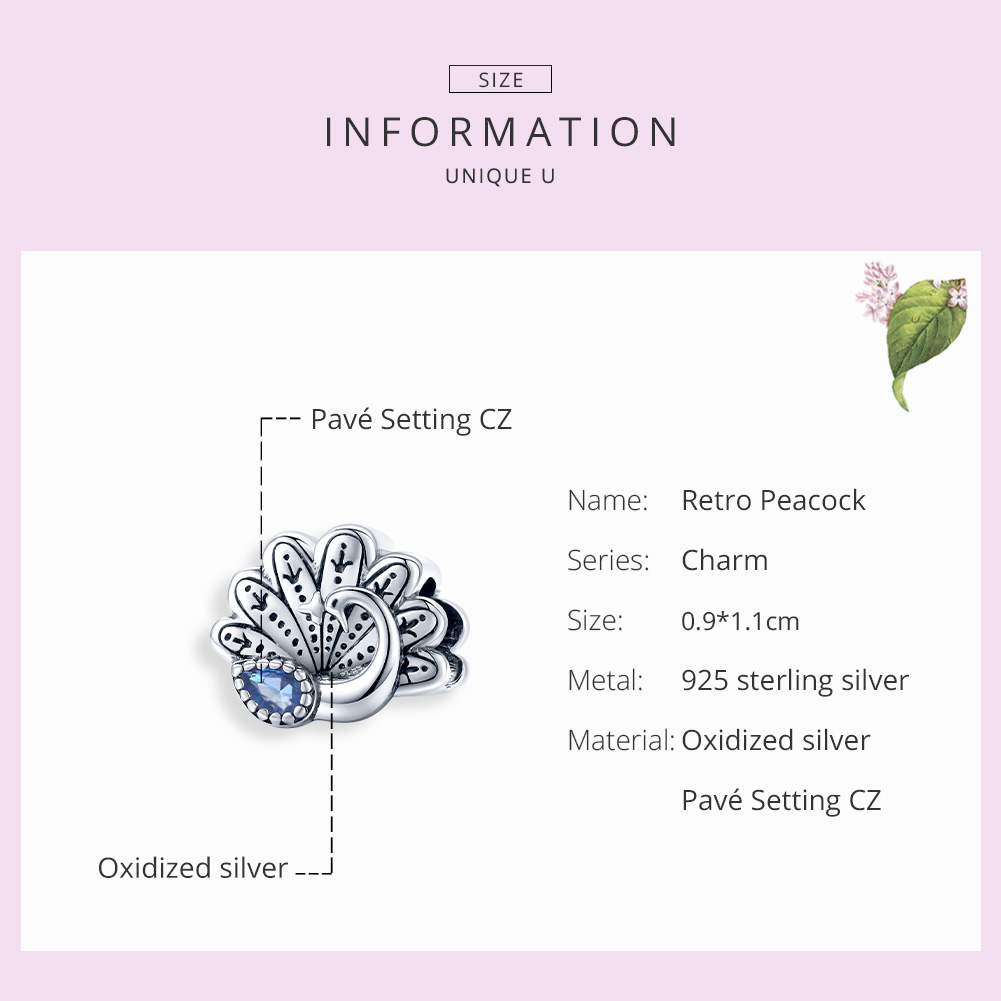 Pandora Style Retro pauw Bedel - SCC1558