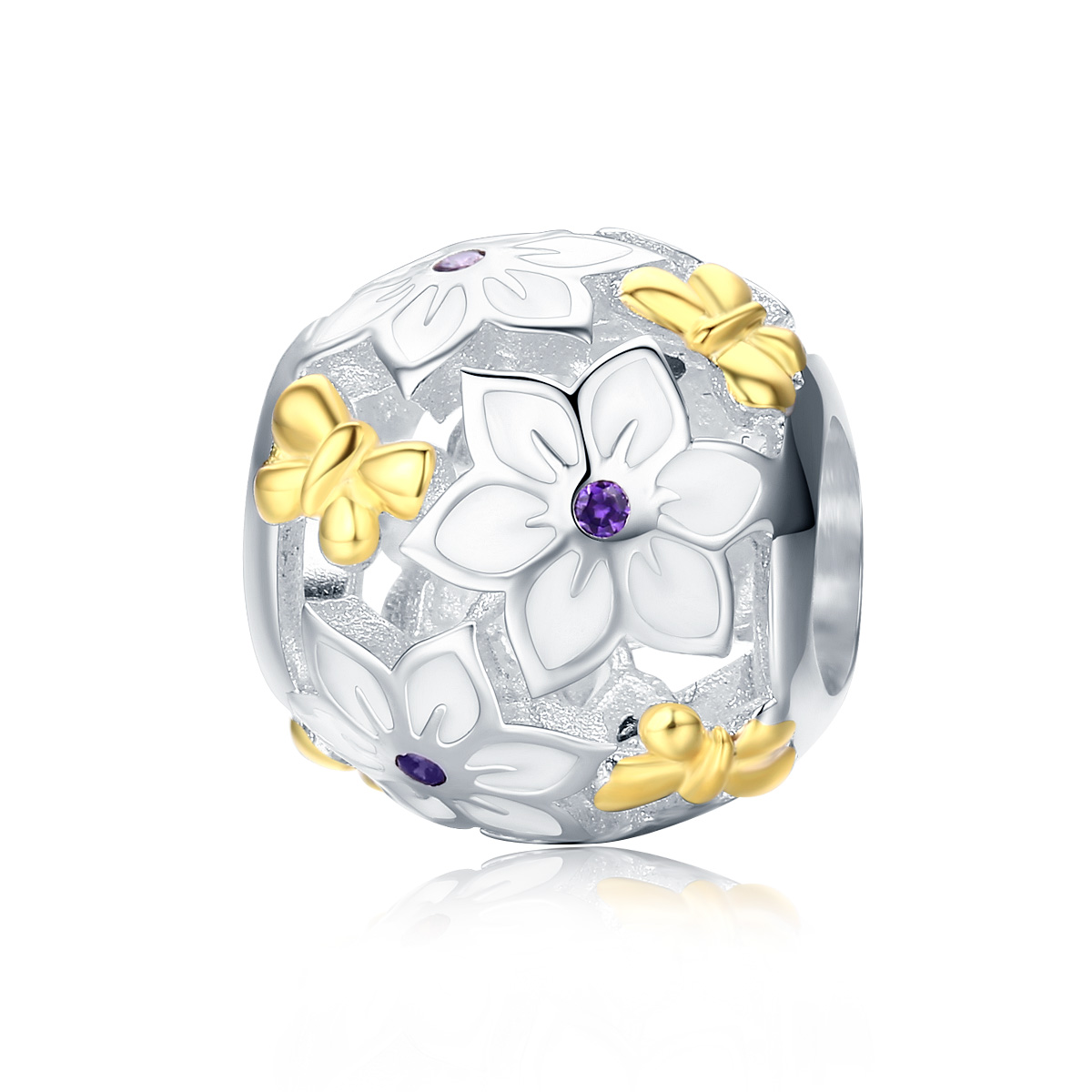 Pandora Style Tweekleurige bloemen en vlinders Bedel - SCC546