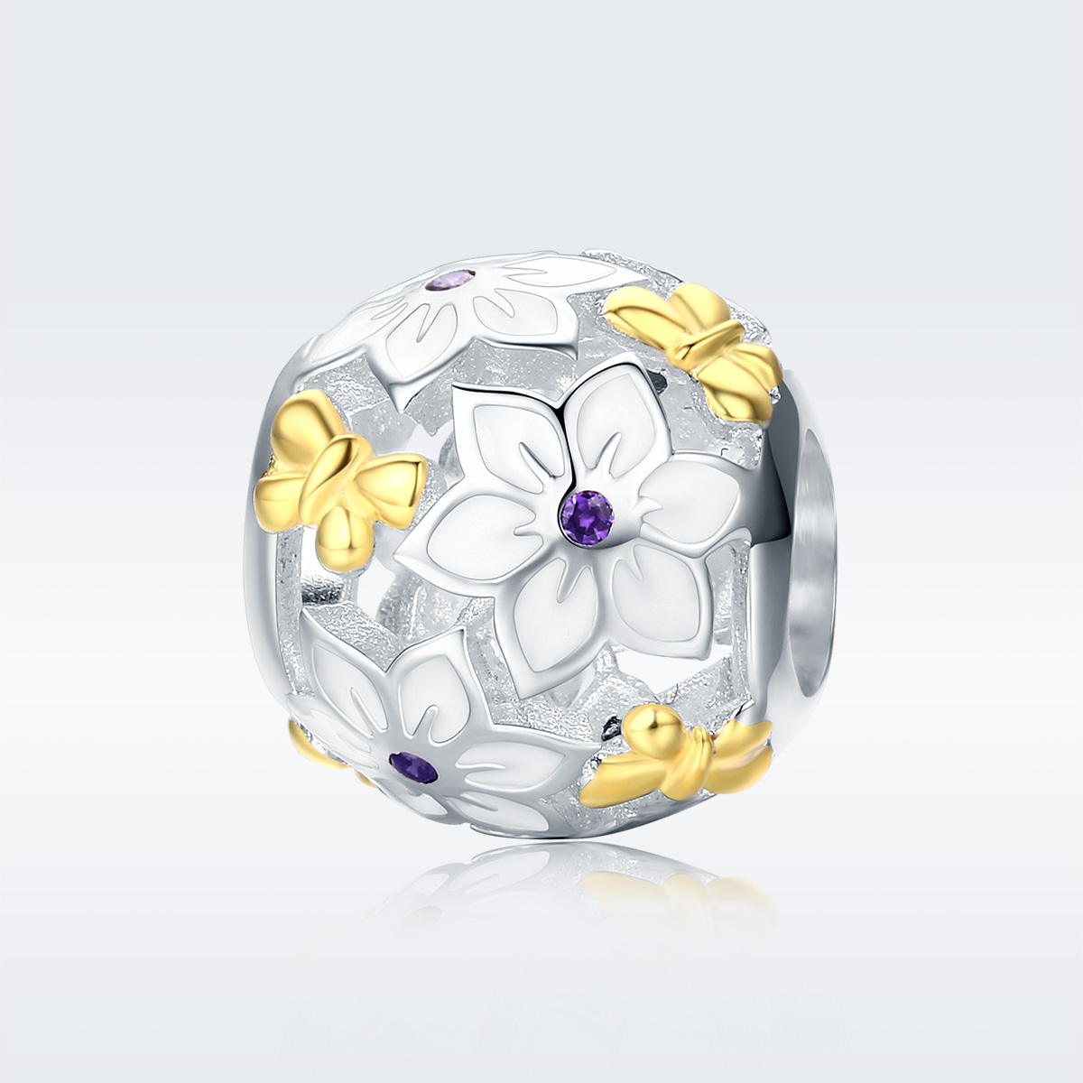 Pandora Style Tweekleurige bloemen en vlinders Bedel - SCC546