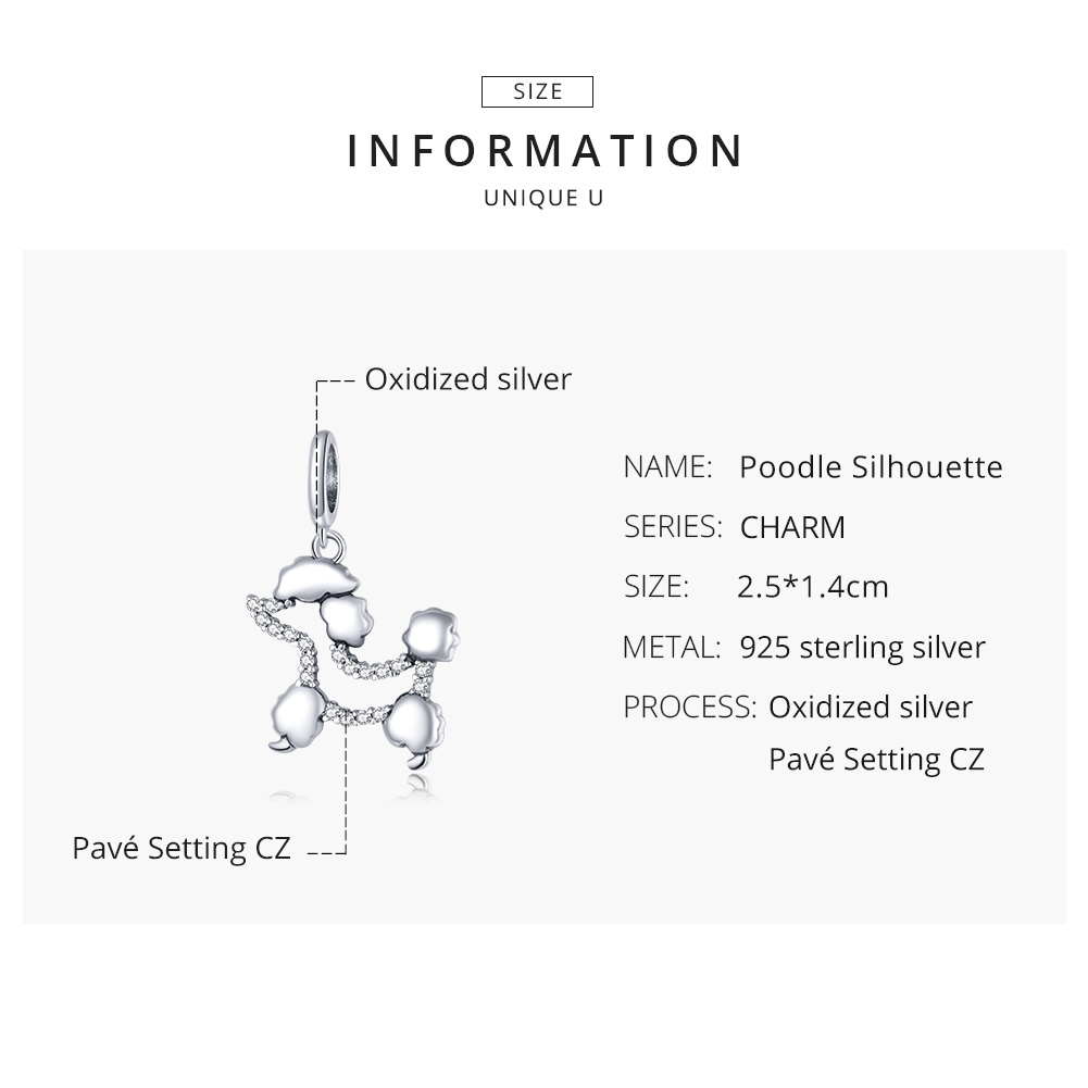 Pandora Style Poedel silhouet Hangende Bedel - SCC1681