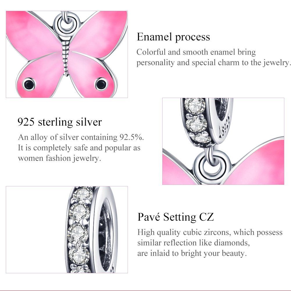 Pandora Style Roze vlinder Hangende Bedel - SCC1728