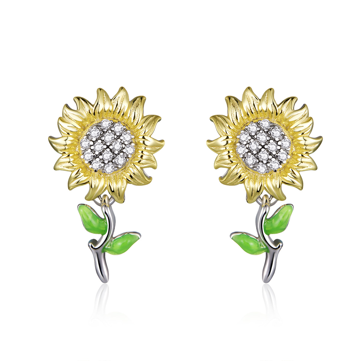 Pandora Style Tweekleurige Zonnebloem Oorknopjes - SCE919