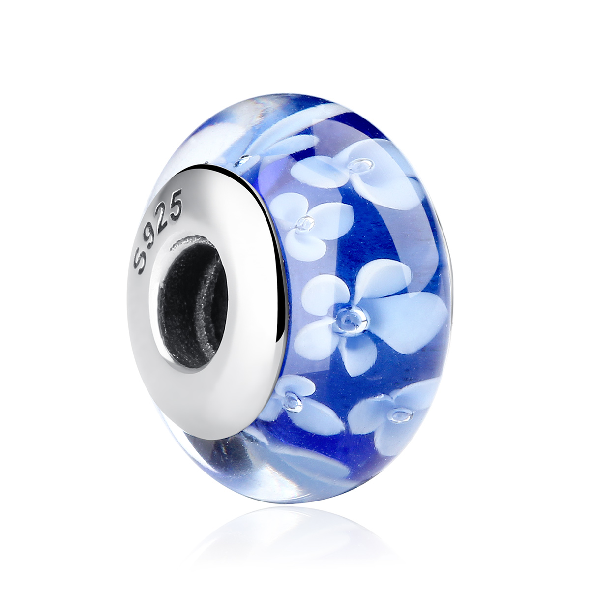 Pandora Style Blauwe Murano Glas Witte Bloemen Bedel - SCZ006