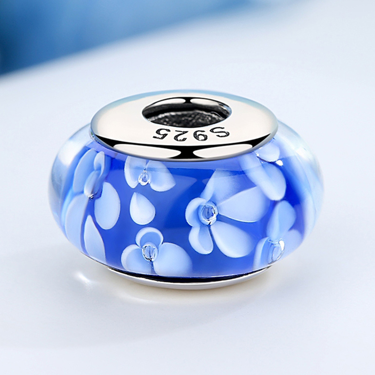 Pandora Style Blauwe Murano Glas Witte Bloemen Bedel - SCZ006