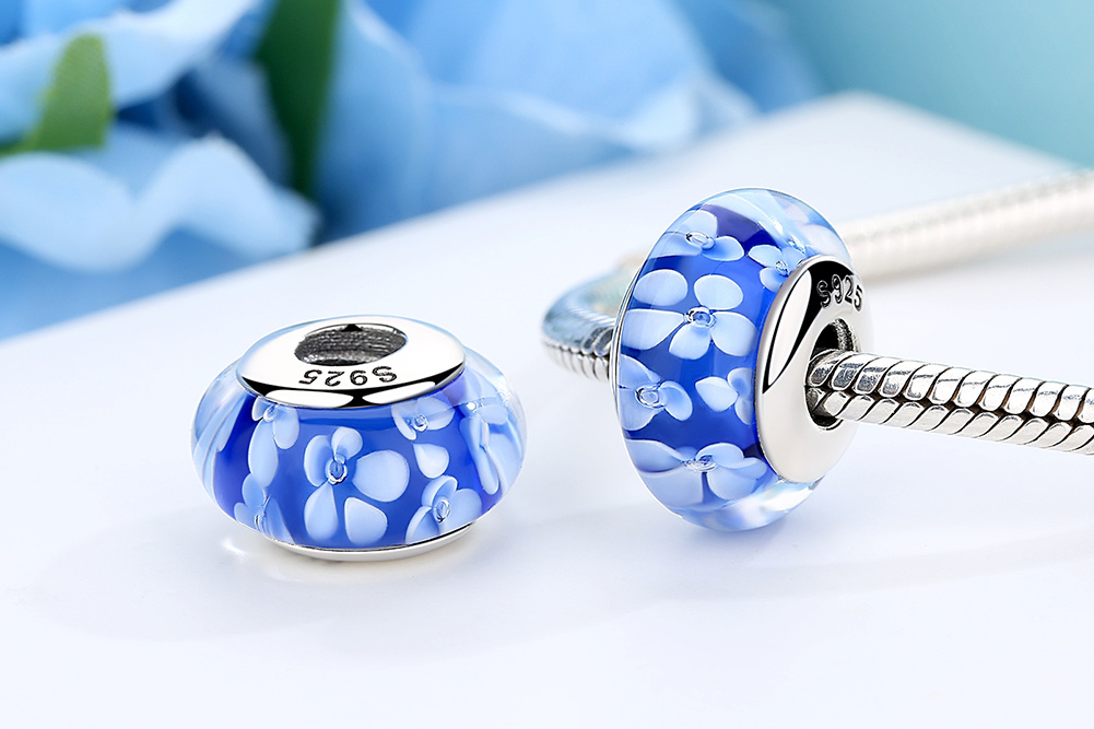 Pandora Style Blauwe Murano Glas Witte Bloemen Bedel - SCZ006