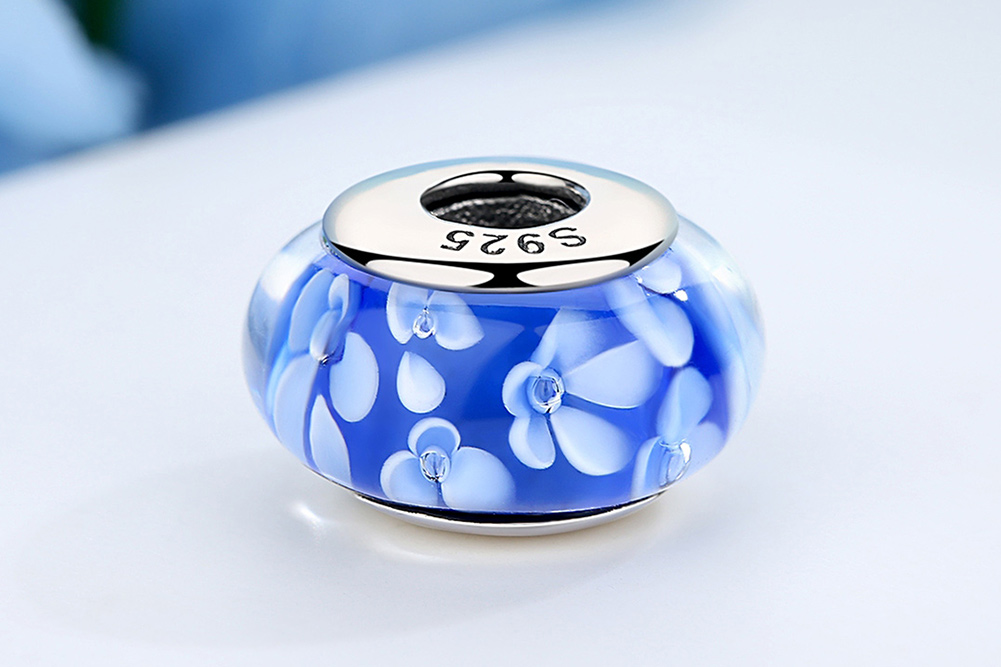 Pandora Style Blauwe Murano Glas Witte Bloemen Bedel - SCZ006