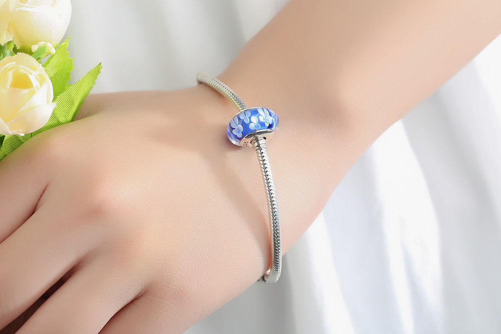 Pandora Style Blauwe Murano Glas Witte Bloemen Bedel - SCZ006