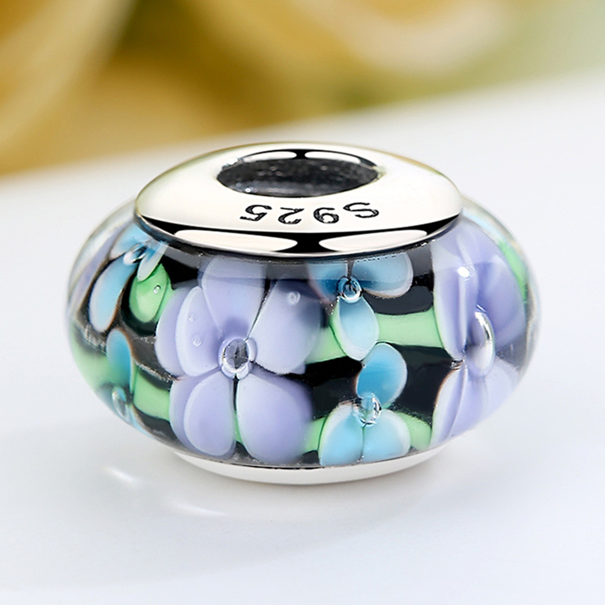 Pandora Style Paarse bloemen Murano Glas Bedel - SCZ009