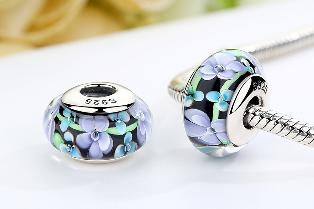 Pandora Style Paarse bloemen Murano Glas Bedel - SCZ009