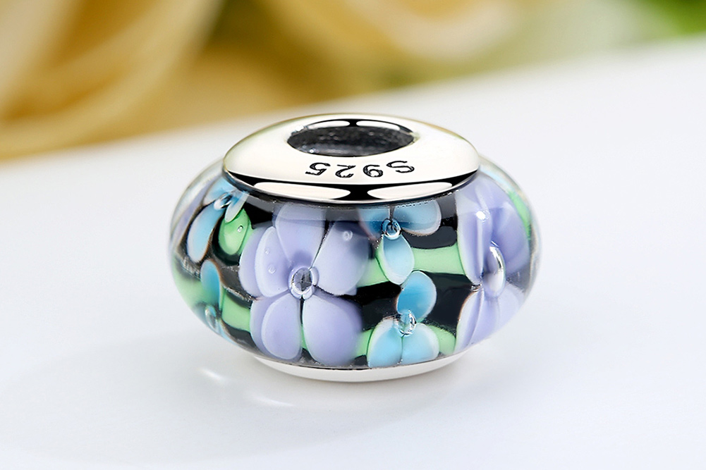 Pandora Style Paarse bloemen Murano Glas Bedel - SCZ009