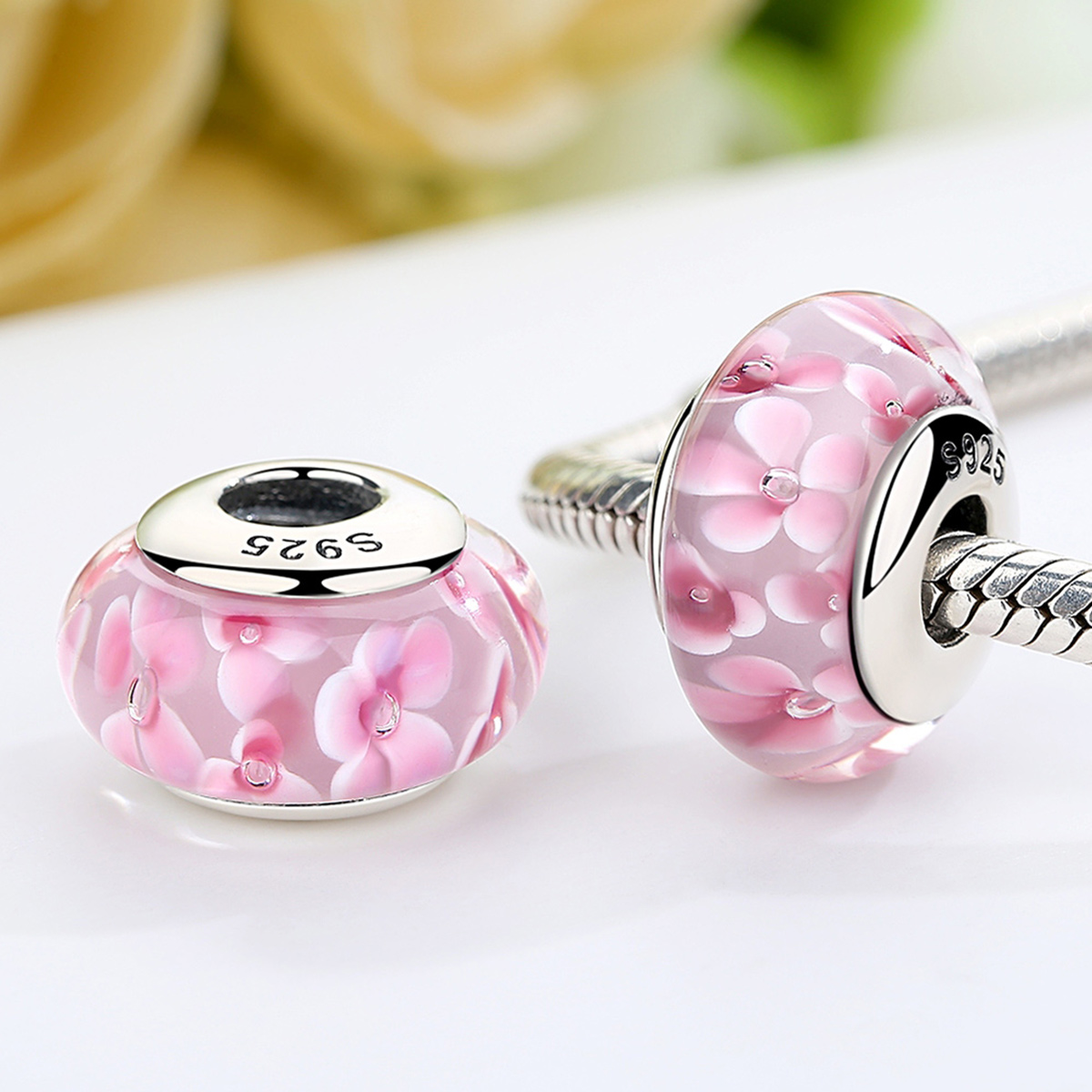 Pandora Style Roze Bloemen Murano Glas Bedel - SCZ008