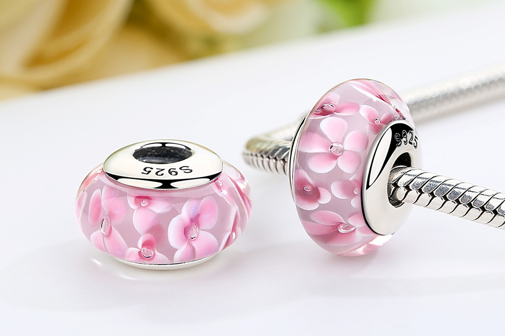 Pandora Style Roze Bloemen Murano Glas Bedel - SCZ008