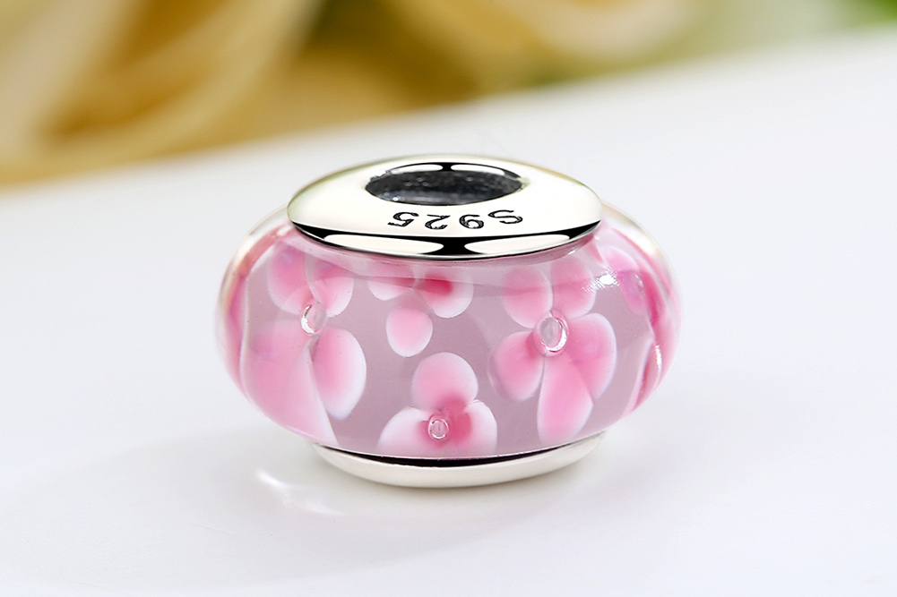 Pandora Style Roze Bloemen Murano Glas Bedel - SCZ008