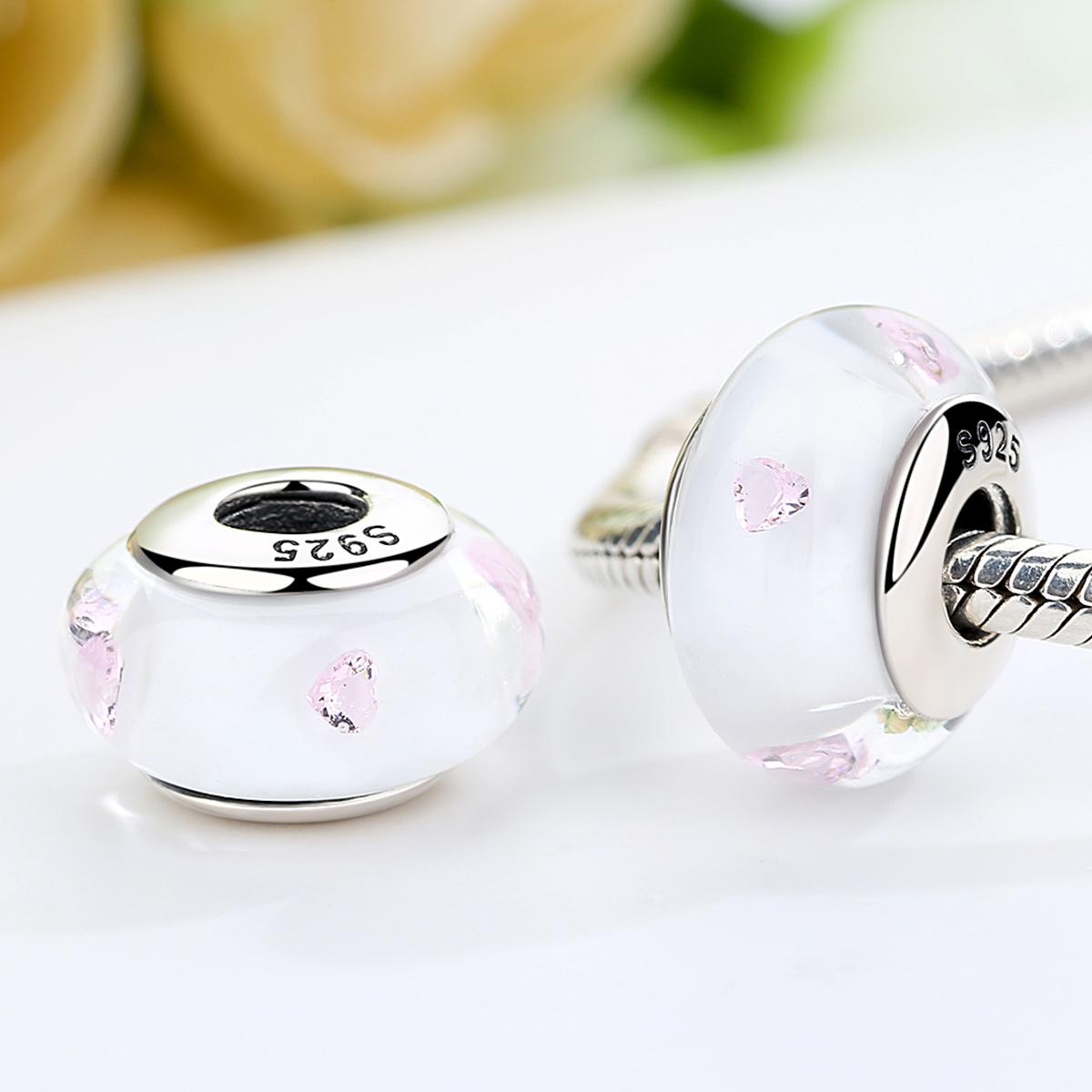 Pandora Style Witte Murano Glas Roze Stenen Bedel - SCZ004