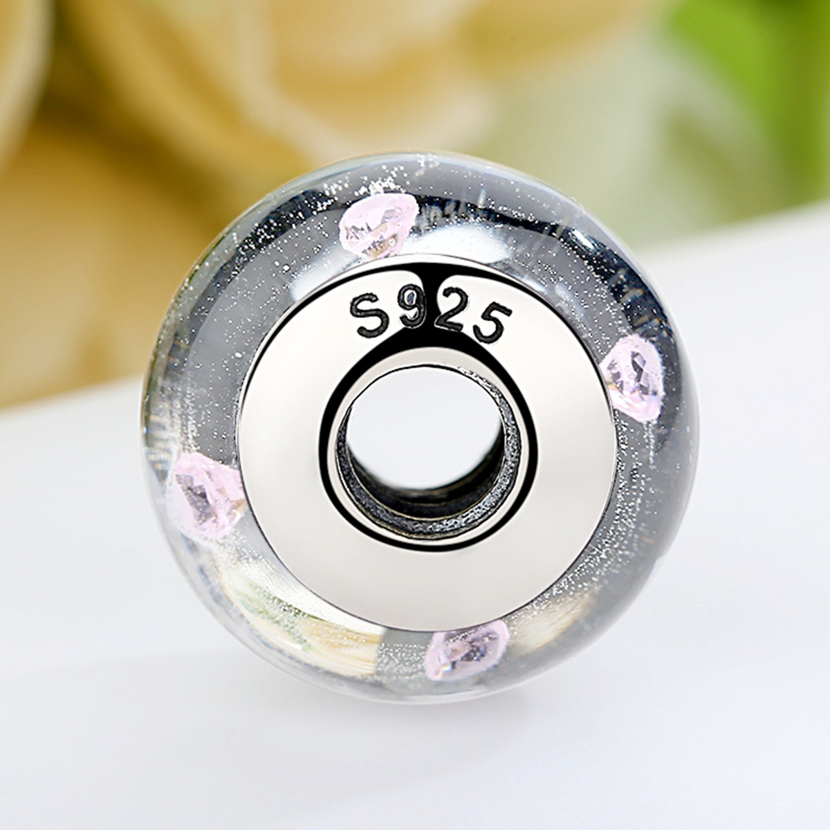 Pandora Style Witte Murano Glas Roze Stenen Bedel - SCZ004