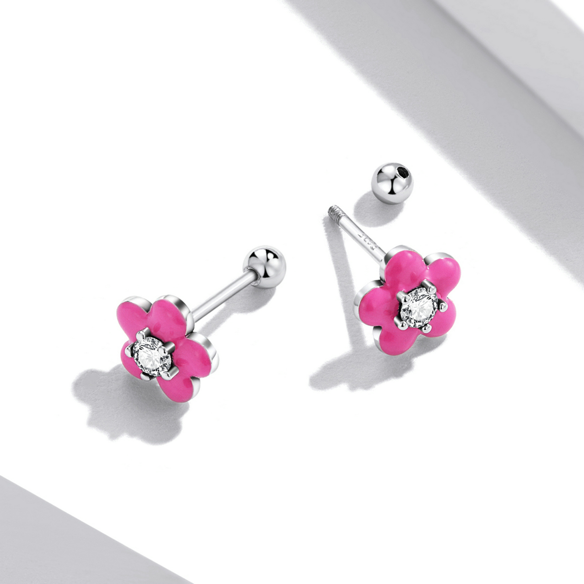 Pandora Style Fluorescerende roze bloemen Oorknopjes - SCE1353