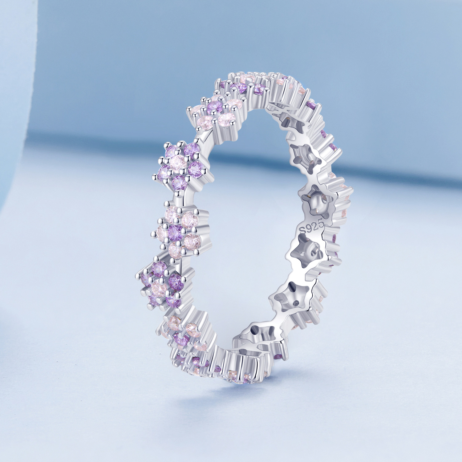 Pandora Stijl Paarse Bloem Prachtige Zirkonia Ring - BSR359