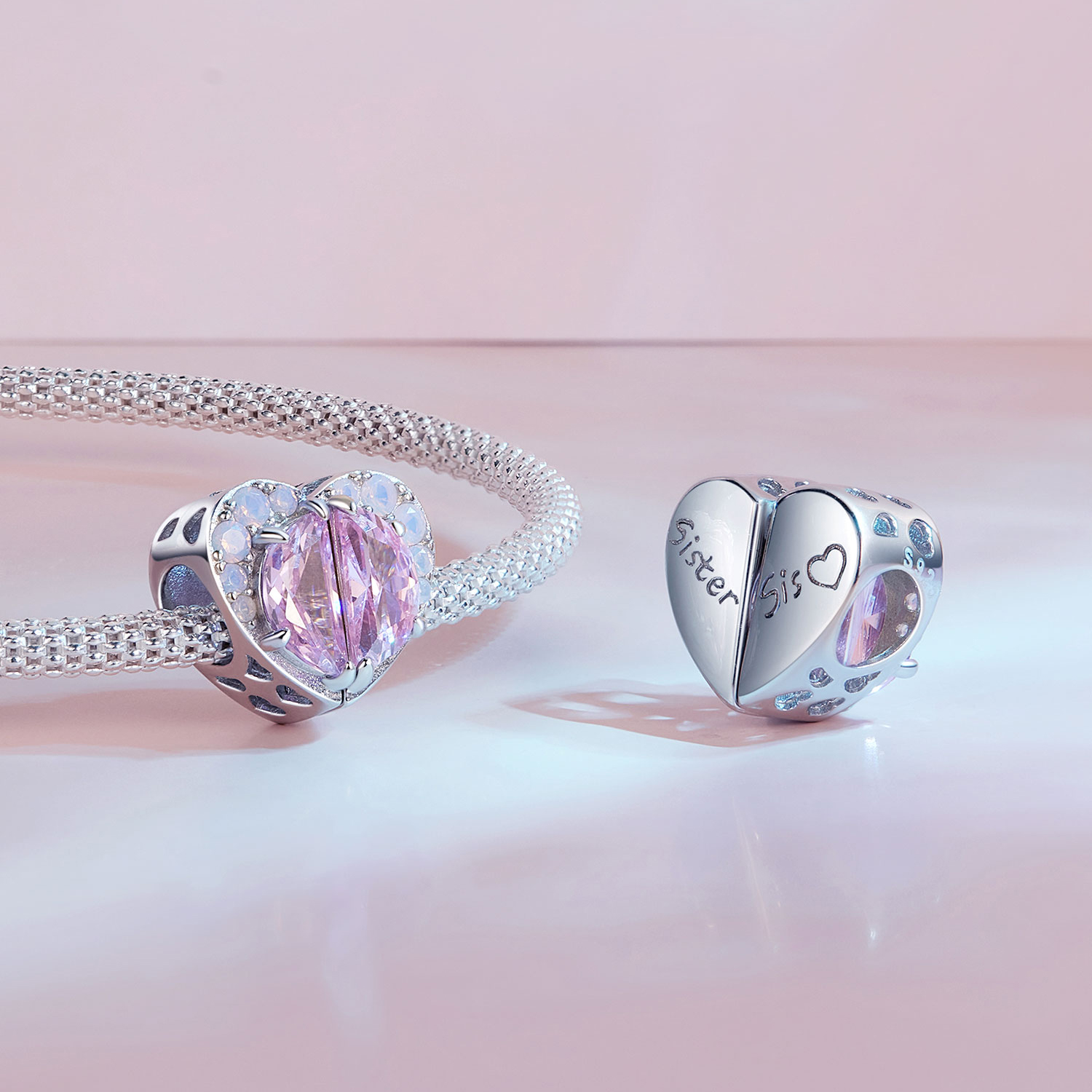 Pandora Stijl Roze Zussen Hart Bedel - SCC2641