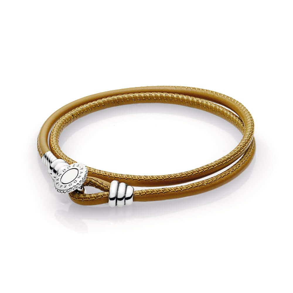 Pandora Zilveren Gouden Tan Dubbele Lederen Armband 597194Cgt-D