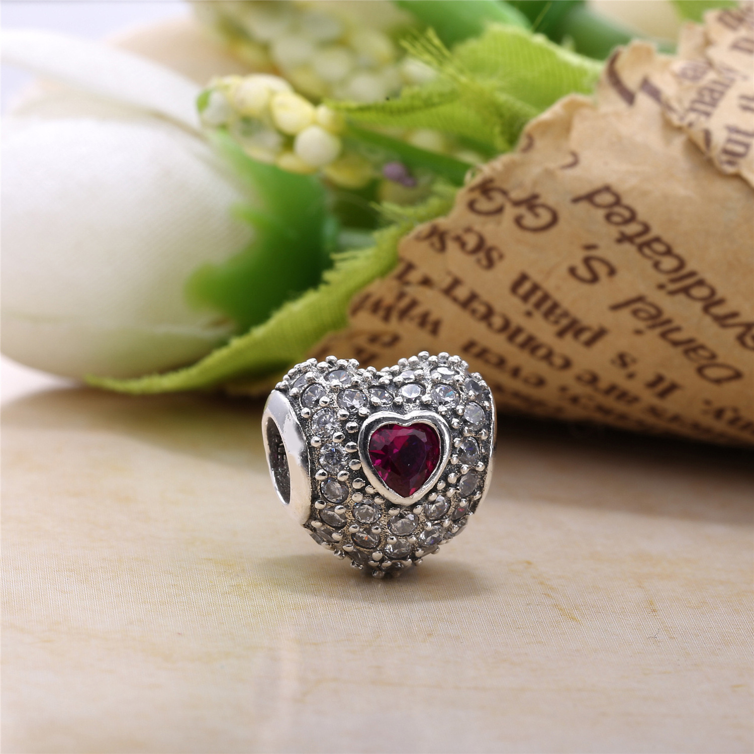 PANDORA Heart Silver Bedel With Pave-Set Cubic Zirconia And Synthetic Rubies - 791168Sru