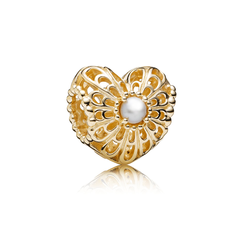 PANDORA Openwork Heart Gold Bedel With White Freshwater Cultured Pearls - 750822P