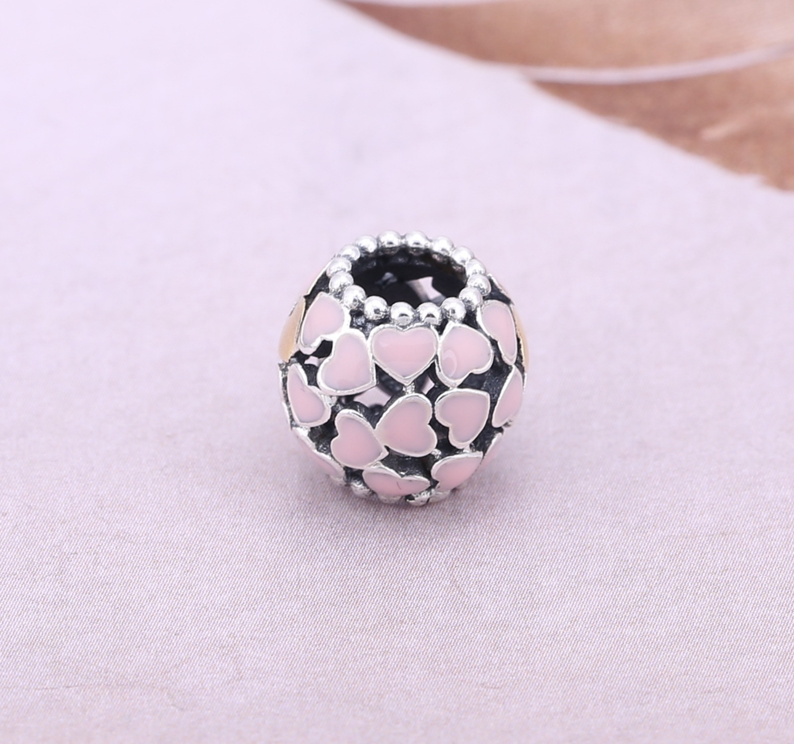 PANDORA Openwork Heart Silver Bedel With 14K And Pink Enamel - 791283En40