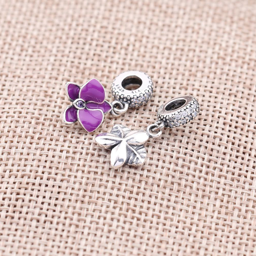 PANDORA Orchid Silver Dangle With Clear And Purple Cubic Zirconia And Purple Enamel - 791554En69