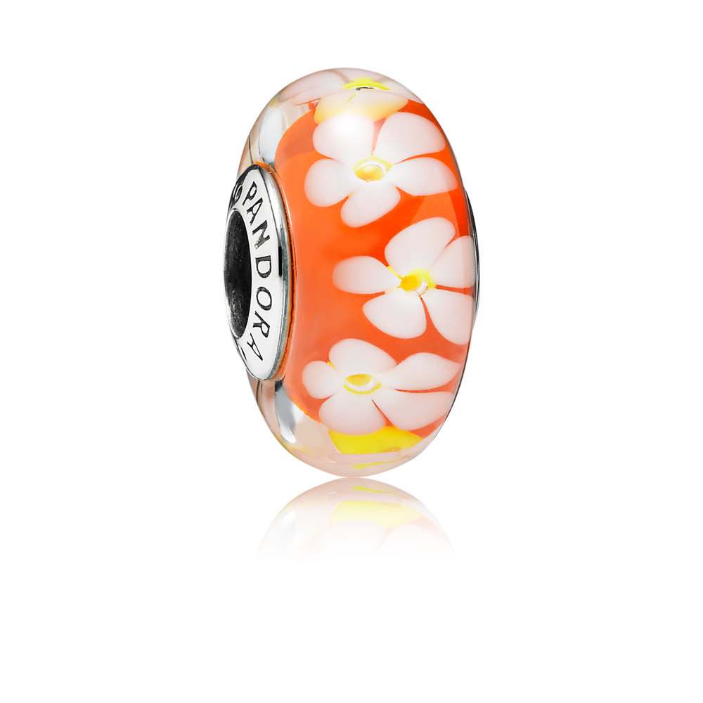 PANDORA Tropical Flowers Silver Bedel With White And Orange Murano Glass - 791624