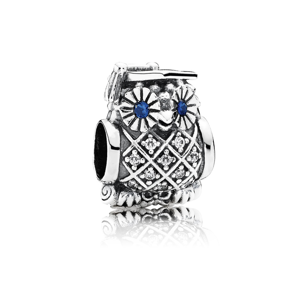 PANDORA Zilveren Uil Bedel Met Zwitsers Blauw Kristal En Zirkonia 791502NSB