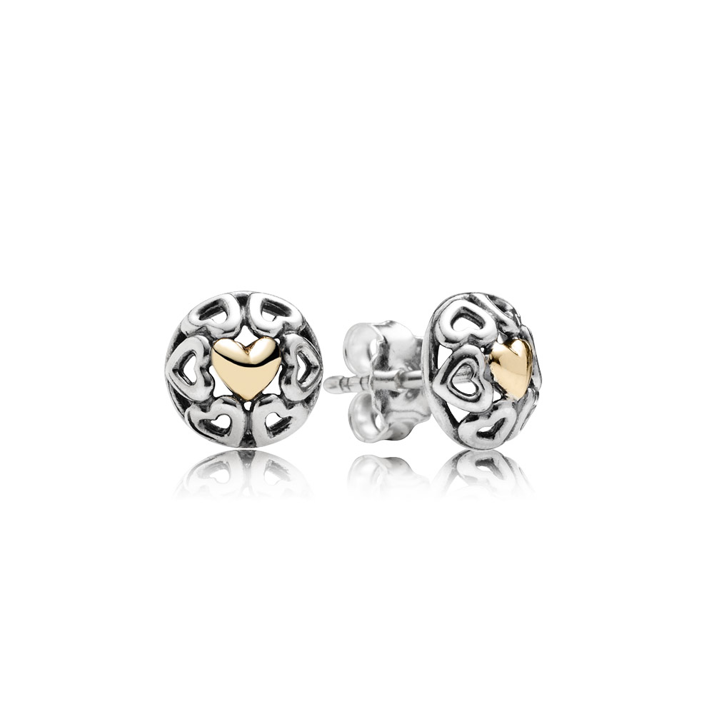 PANDORA Openwork Hearts Silver Stud Earrings With 14K Heart - 290557