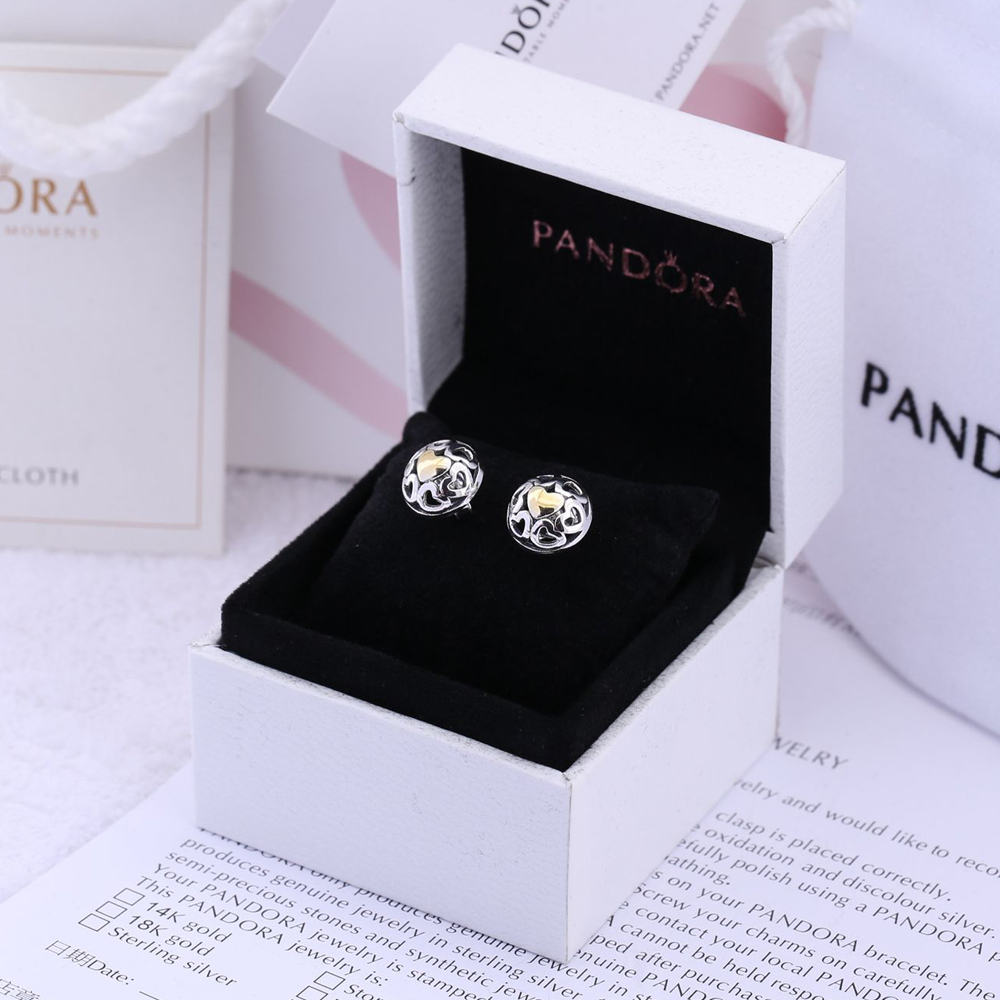 PANDORA Openwork Hearts Silver Stud Earrings With 14K Heart - 290557