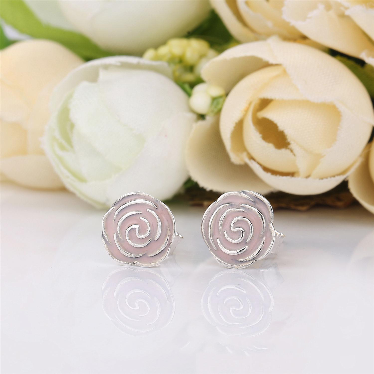 PANDORA Roses Silver Stud Earrings With Pink Enamel - 290554En40