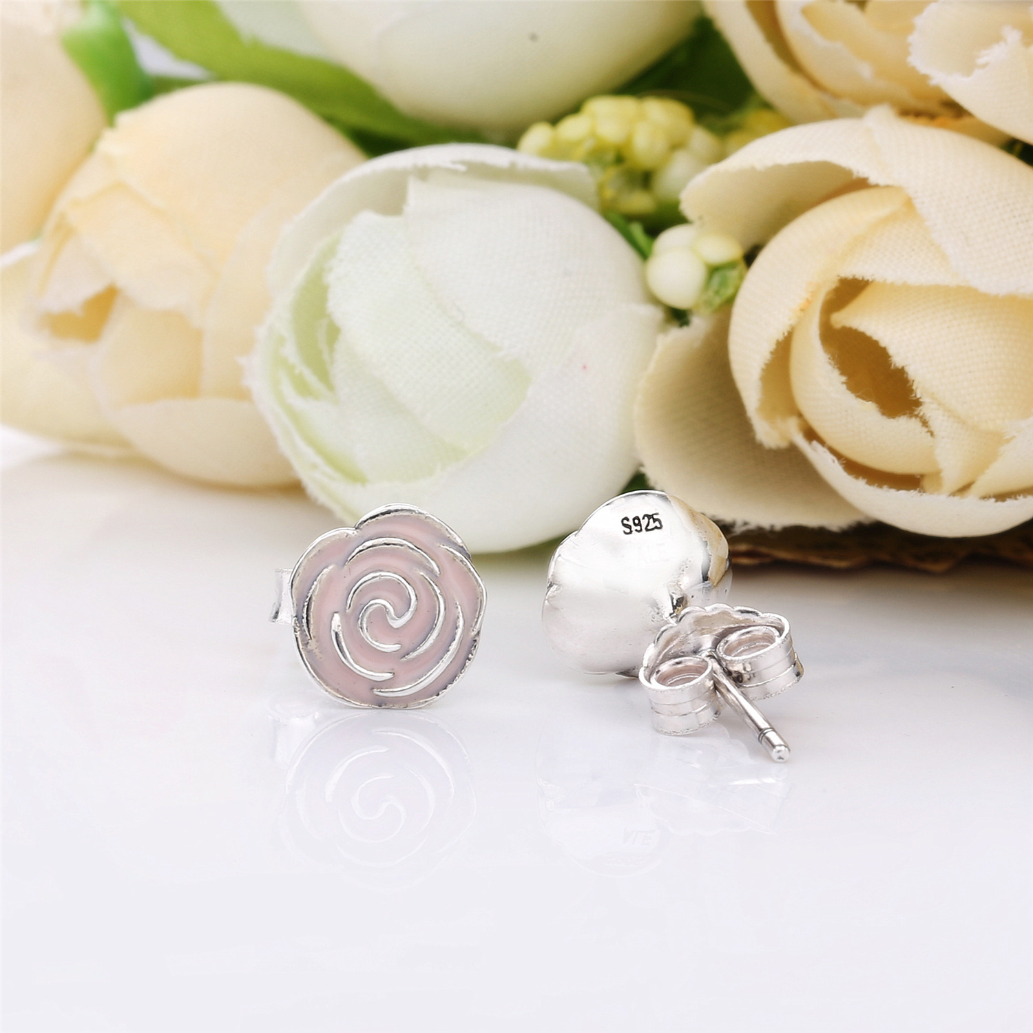 PANDORA Roses Silver Stud Earrings With Pink Enamel - 290554En40