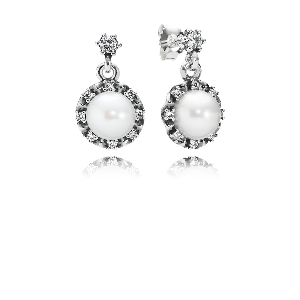 PANDORA Silver Hanging Earring With White Freshwater Cultured Pearl And Cubic Zirconia - 290562P