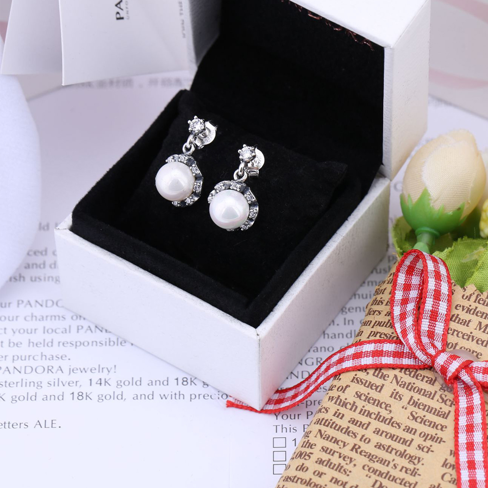 PANDORA Silver Hanging Earring With White Freshwater Cultured Pearl And Cubic Zirconia - 290562P