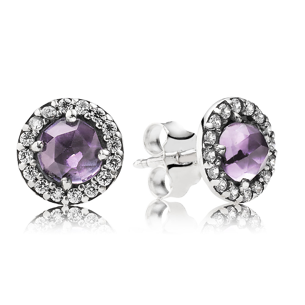 PANDORA Silver Stud Earring With Amethyst And Cubic Zirconia - 290548Am