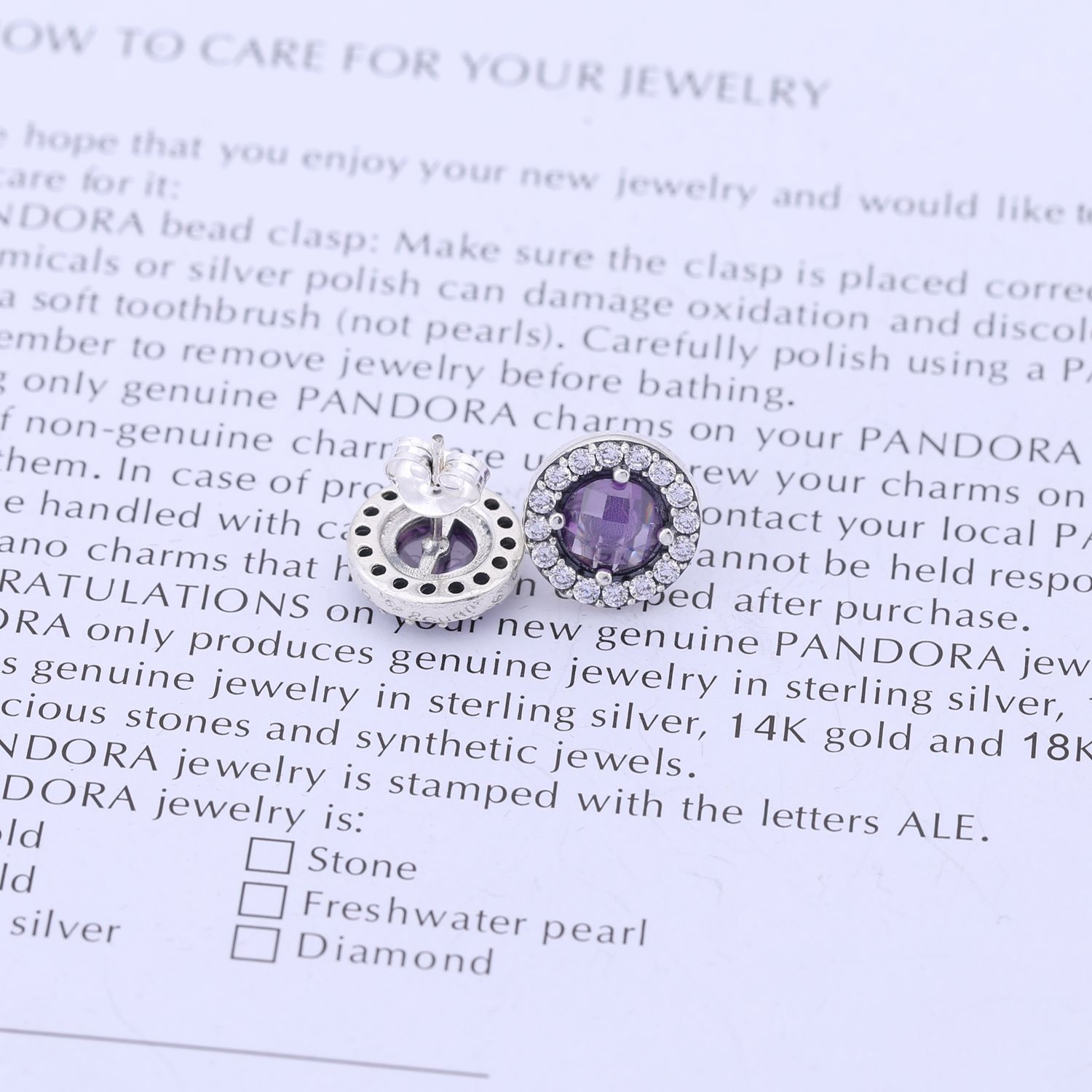 PANDORA Silver Stud Earring With Amethyst And Cubic Zirconia - 290548Am