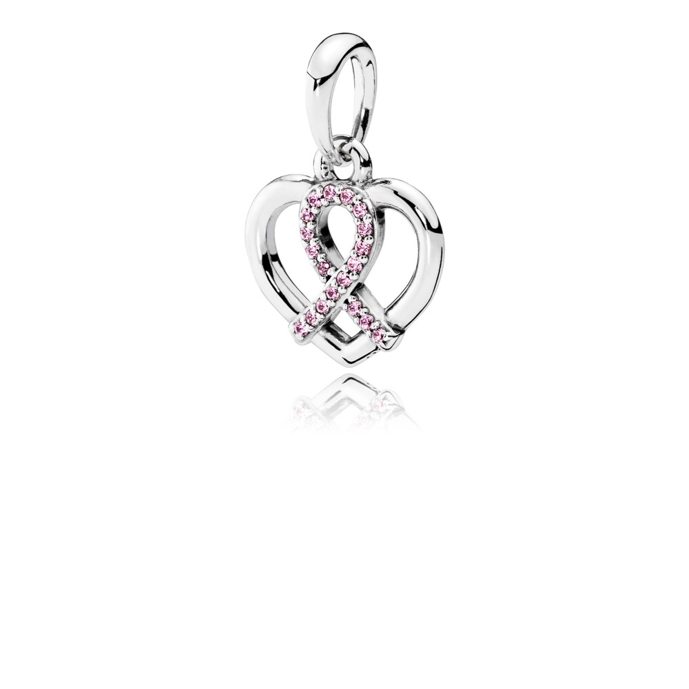 PANDORA Bca Ribbon And Heart Silver Pendant With Pink Cubic Zirconia - 390390PCZ