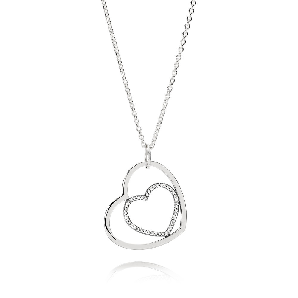 PANDORA Hearts Silver Pendant With Cubic Zirconia And Necklace - 390364CZ-90